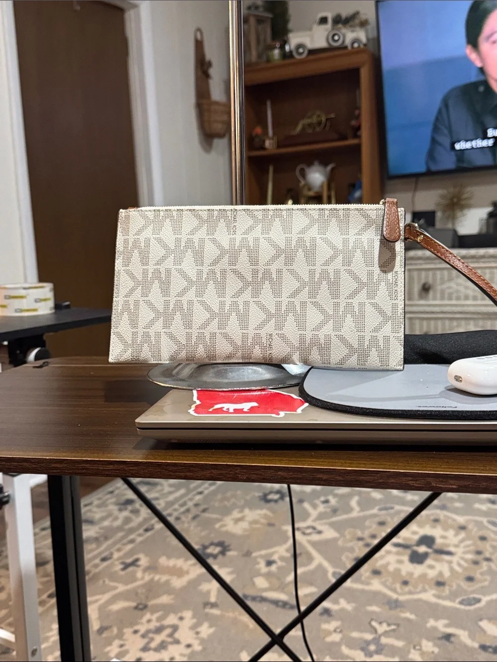 Michael Kors Cream MK Logo Zip Clutch with Gold Emblem